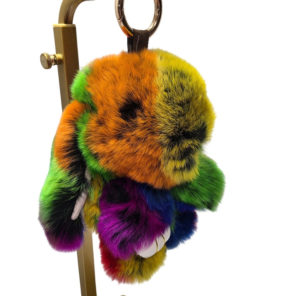 Rainbow Fur Bunny Bag Charm Keychain Multicolor Floppy Ear Rabbit Gold Clasp *
